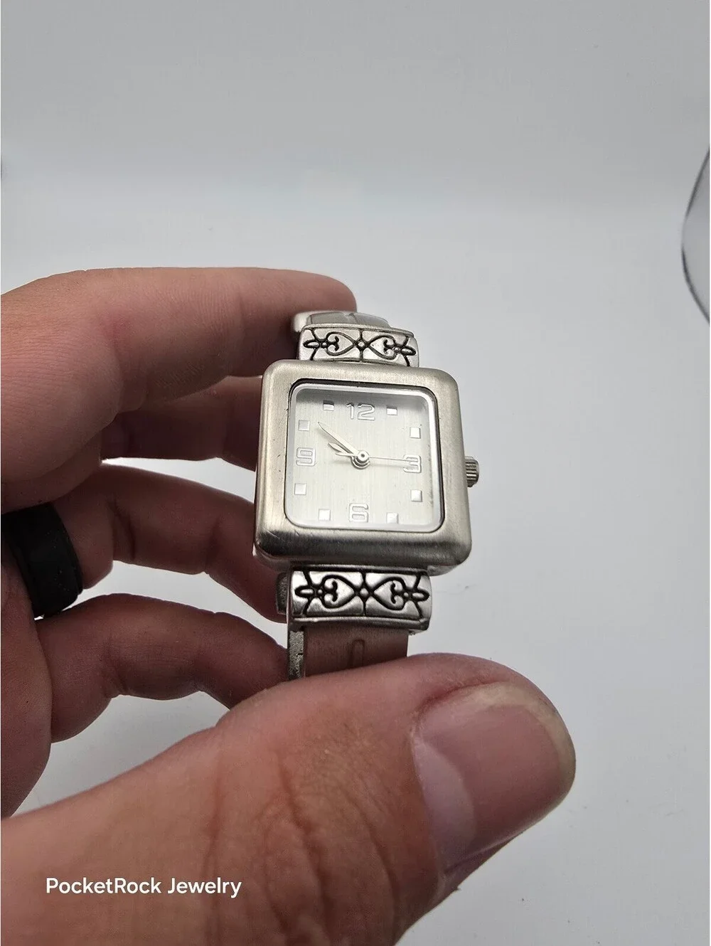 Vintage Silver Tone Square Face Wristwatch with Decorative Band